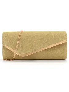 Elegant gold glitter evening clutch bag with metallic V flap and detachable chain strap.