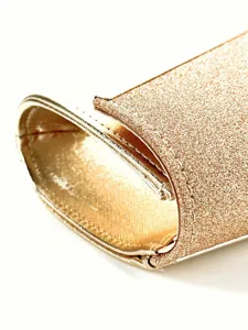 Gold glitter clutch evening bag detail, stylish PU leather design with metallic frame closure.