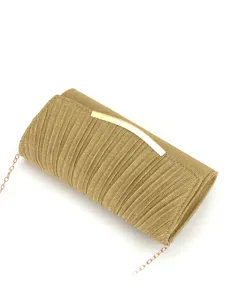 Gold pleated evening clutch bag with metal bar and chain strap for women formal events.