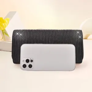 Elegant black pleated evening clutch bag for women, stylish wedding party handbag.