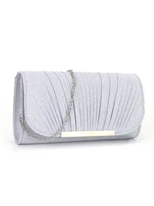 Silver pleated evening clutch bag with chain strap for women elegant party purse.