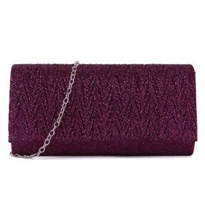 Detailed view of the sparkling purple glitter clutch bag with silver chain strap for evening party.