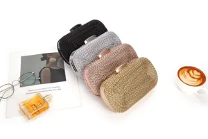 Detailed close-up view of elegant woven clutch bags displayed in multiple metallic evening colors.