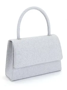 Sac de soirée pailleté argenté pour femme, pochette élégante avec poignée pour fête et mariage.