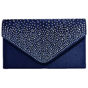 Women Rhinestone Pleated Evening Bag Satin Envelope Clutch Crossbody Dress Purse Wedding Banquet Handbag
