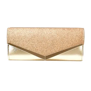 Elegant gold glitter envelope clutch bag with metallic V-shape trim for women evening party.