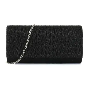 Detailed view of black glitter pleated evening clutch bag with sparkling metallic chain strap.