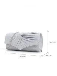 Silver glitter pleated evening clutch bag with chain strap for women parties 20cm