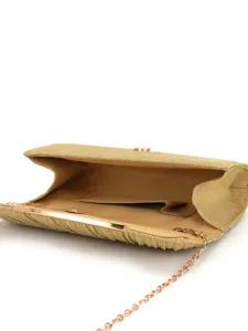 Gold pleated evening clutch bag with chain strap elegant glitter design party handbag.