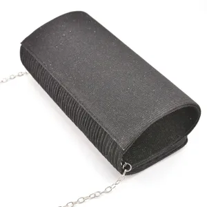 Black glitter evening clutch bag with silver chain strap for women formal party events.