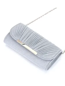 Silver glitter evening clutch bag with pleats and chain strap for women party prom wedding.