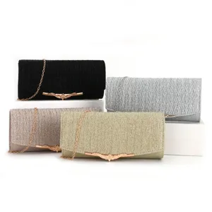 Pleated glitter evening clutch bag with metal chain strap and elegant clasp detail.