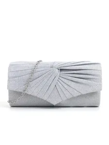 Silver evening clutch bag for women sparkly pleated party shoulder handbag with chain strap