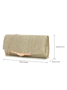 Gold glitter evening clutch bag detail view showcasing metallic pleated design and clasp.