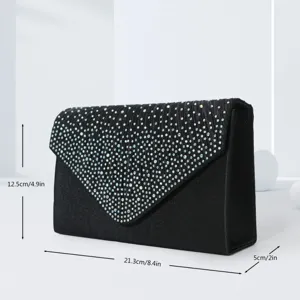 Black evening clutch bag with AB crystal rhinestones, elegant flap crossbody bag for parties.