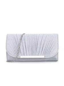 Silver pleated clutch bag for women, elegant evening purse with chain strap and metal bar.