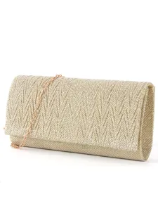 Detailed view of the glamorous gold glitter pleated clutch bag featuring a sleek metal chain.