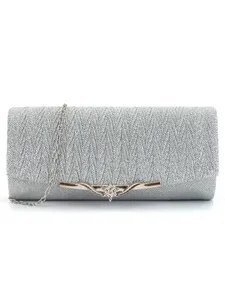 Silver glitter evening clutch bag with metallic chain strap for women formal party wedding