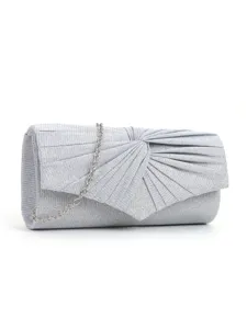 Silver glitter evening clutch bag with pleated ruffled design and chain strap for women.