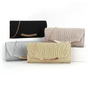 Women Pleated Evening Bag Metallic Chain Crossbody Clutch Purse Elegant Wedding Banquet Handbag Shiny Evening Dress Bag