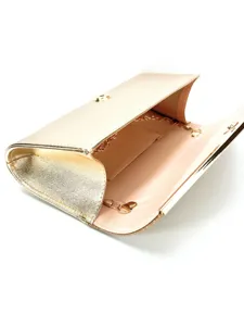 Gold PU leather evening clutch bag for women, elegant party crossbody handbag with chain strap.