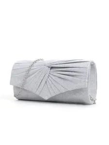 Silver glitter pleated evening clutch bag with delicate metallic chain strap for parties.