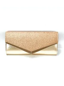 Elegant gold glitter envelope clutch bag for women, stylish evening party shoulder bag.