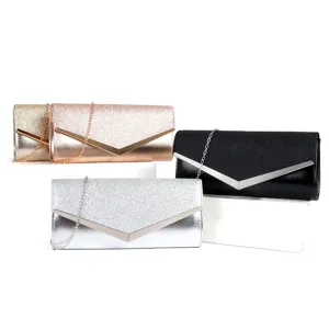 Elegant glitter evening clutch bag with V-shaped metal buckle and chain strap for women.