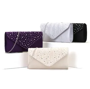Pleated rhinestone evening clutch bag for women, elegant satin wedding shoulder crossbody purse.