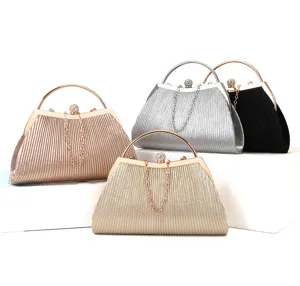 Elegant Rhinestone Evening Clutch Bag Metallic Pleated Wedding Handbag Top Handle Purse