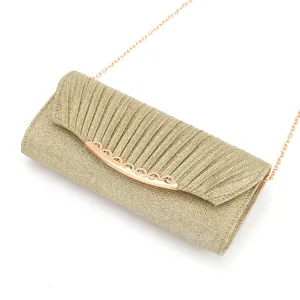 Close-up of the elegant gold pleated evening clutch bag featuring a metallic chain and chic clasp.
