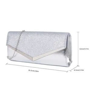 Silver glitter evening clutch bag detail showing V-shaped metal closure and chain strap.