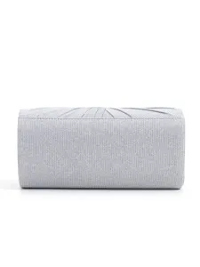 Silver glitter pleated evening clutch bag for women, elegant party wedding handbag detail view.