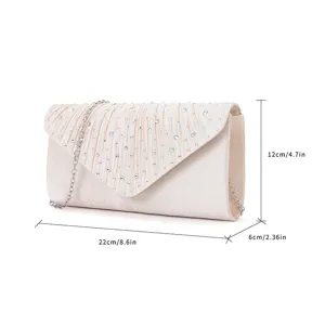 Satin rhinestone evening clutch bag for women, elegant pleated design with chain strap.