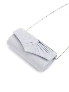 Silver glitter evening clutch bag with pleated flap design and metal chain strap.
