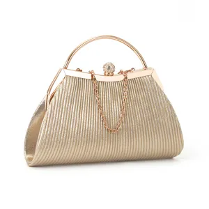 Elegant gold pleated evening clutch bag with metallic handle and rhinestone clasp detail.