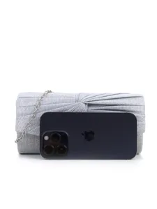 Silver pleated evening clutch bag with chain strap, elegant metallic cross body bag for women.