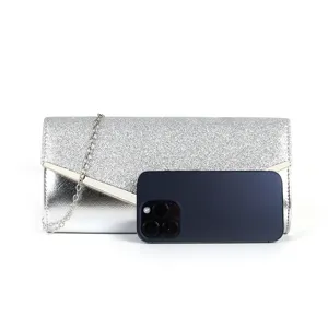 Silver glitter evening clutch bag for women party shoulder crossbody purse with V-metal.