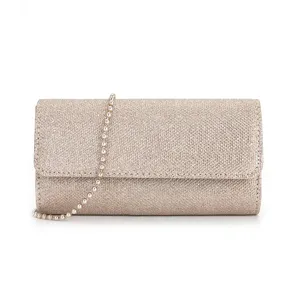Sac pochette de soirée pailleté champagne avec bandoulière de perles pour fête mariage.