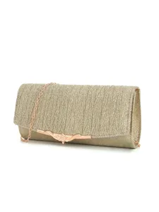 Gold pleated evening clutch bag detail, elegant metallic chain and clasp design for events.