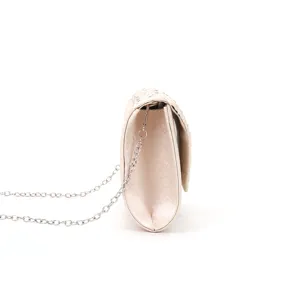 Champagne evening clutch bag side detail showing slim profile and metallic chain.