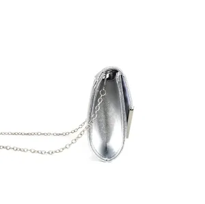 Silver metallic PU evening clutch bag for women with chain strap and V-shaped metal lock.
