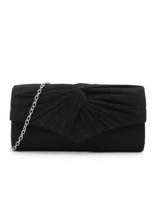 Black glitter pleated envelope evening clutch bag with silver chain strap for women.