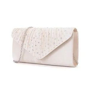 Pleated rhinestone evening clutch bag detail view, elegant silver chain strap, sparkling crystal accents.