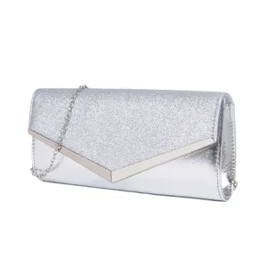 Silver glitter envelope clutch bag for women, featuring a chic V-shaped metal trim and chain.