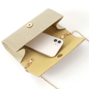 Elegant gold glitter clutch bag for women, sparkling evening party handbag with chain strap.