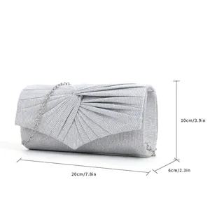Silver glitter pleated evening clutch bag with chain strap, compact size for parties.
