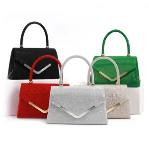 Sac de soirée pailleté pour femme, pochette élégante avec fermoir métallique en V et poignée.