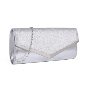 Silver glitter evening clutch bag with chic V-shaped metal trim and chain strap detail.