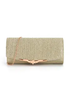 Gold glitter evening clutch bag with elegant rose gold metal clasp and chain strap detail.